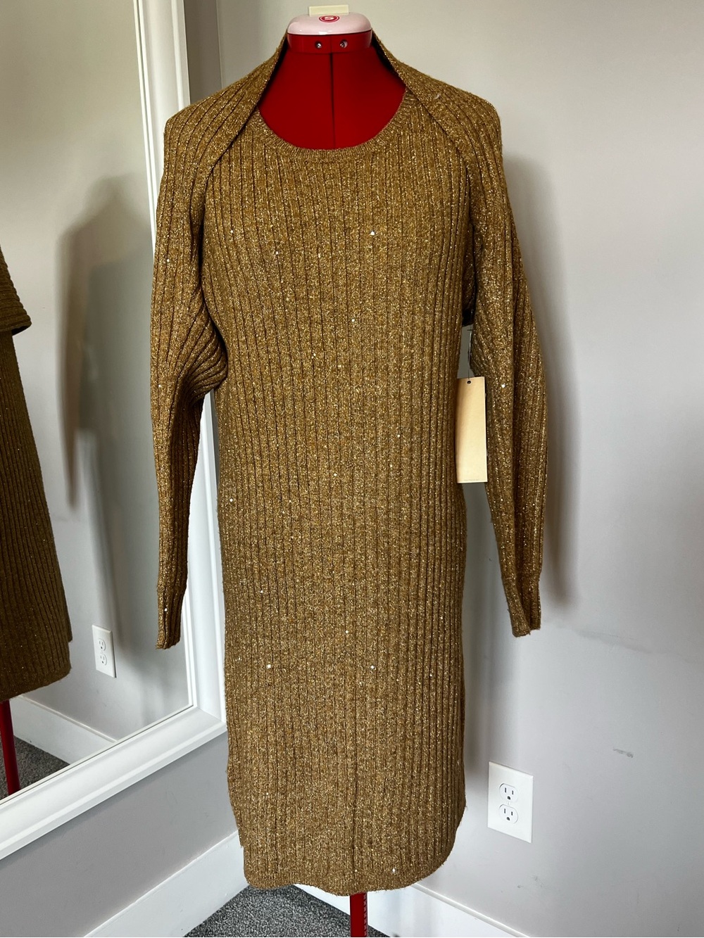 Donna Karan Ribbed Metallic-Knit Gold Sweater Dress